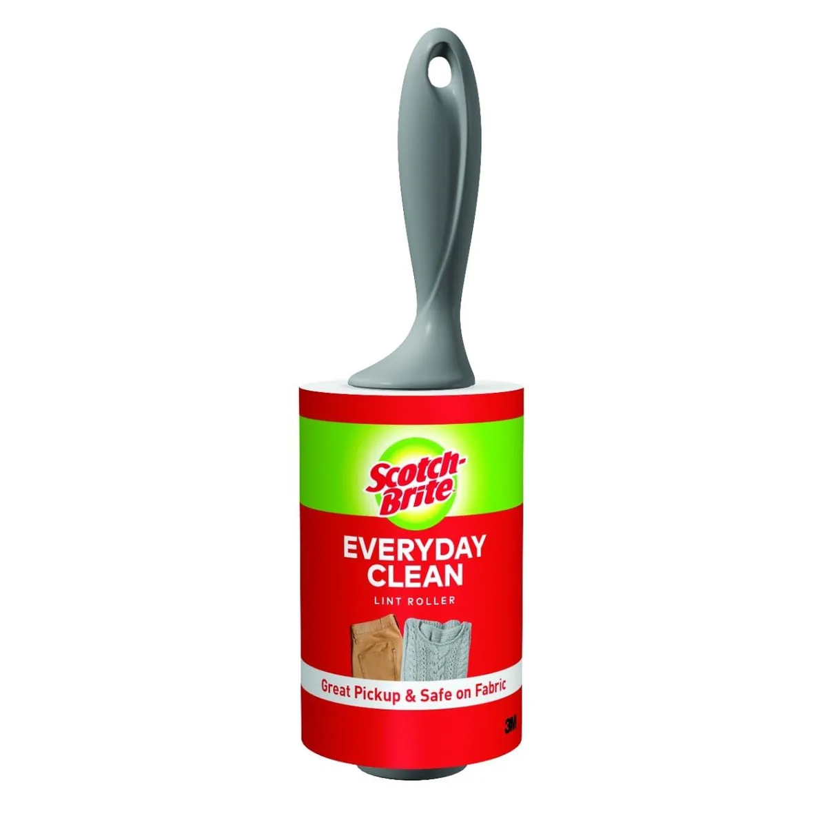 White plastic lint roller with ergonomic handle and 95 perforated adhesive sheets