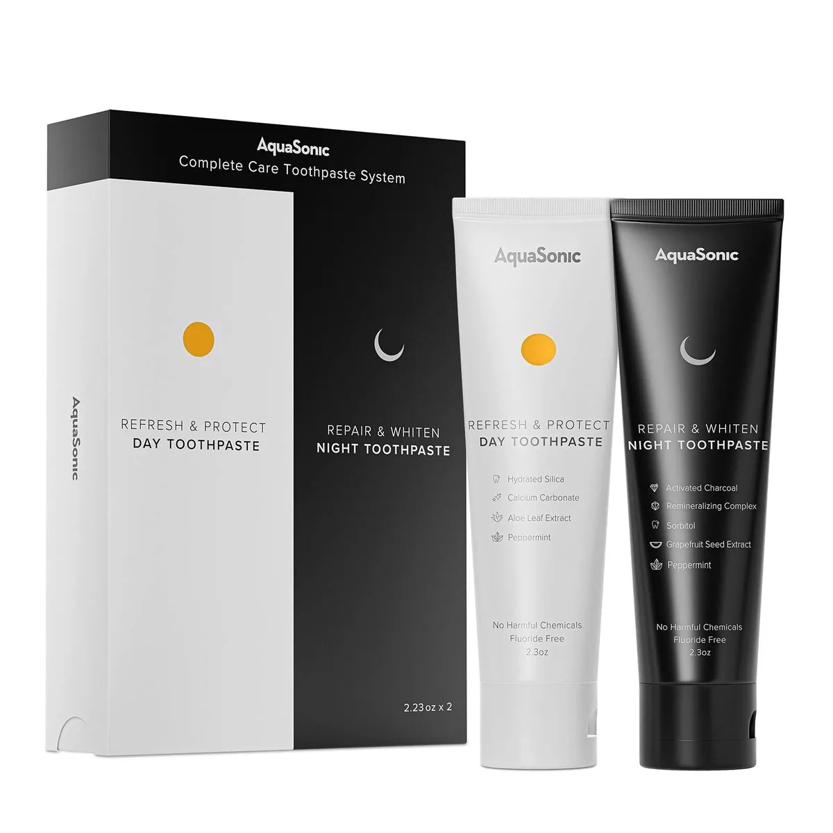 Two 2.3oz toothpaste tubes in a box, day and night formulas