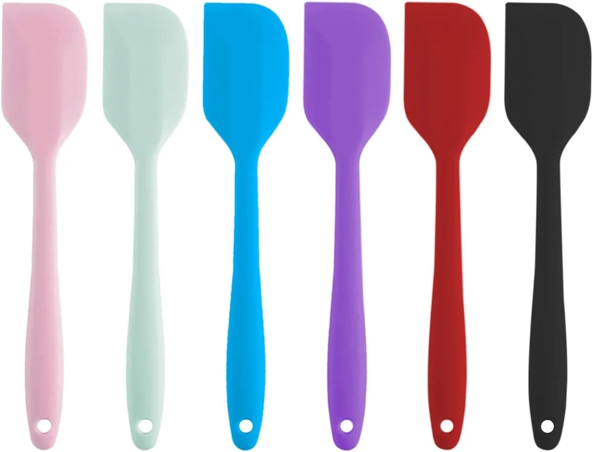 Six colourful 8.5-inch silicone spatulas with long handles