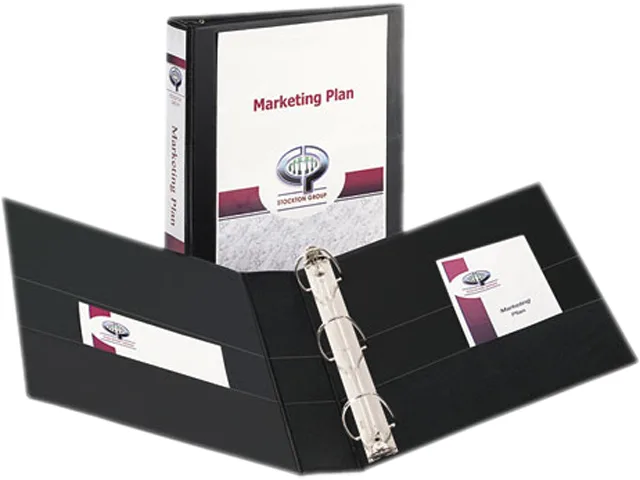 Black 1-1/2 inch slant-ring view binder with clear overlay and interior pockets