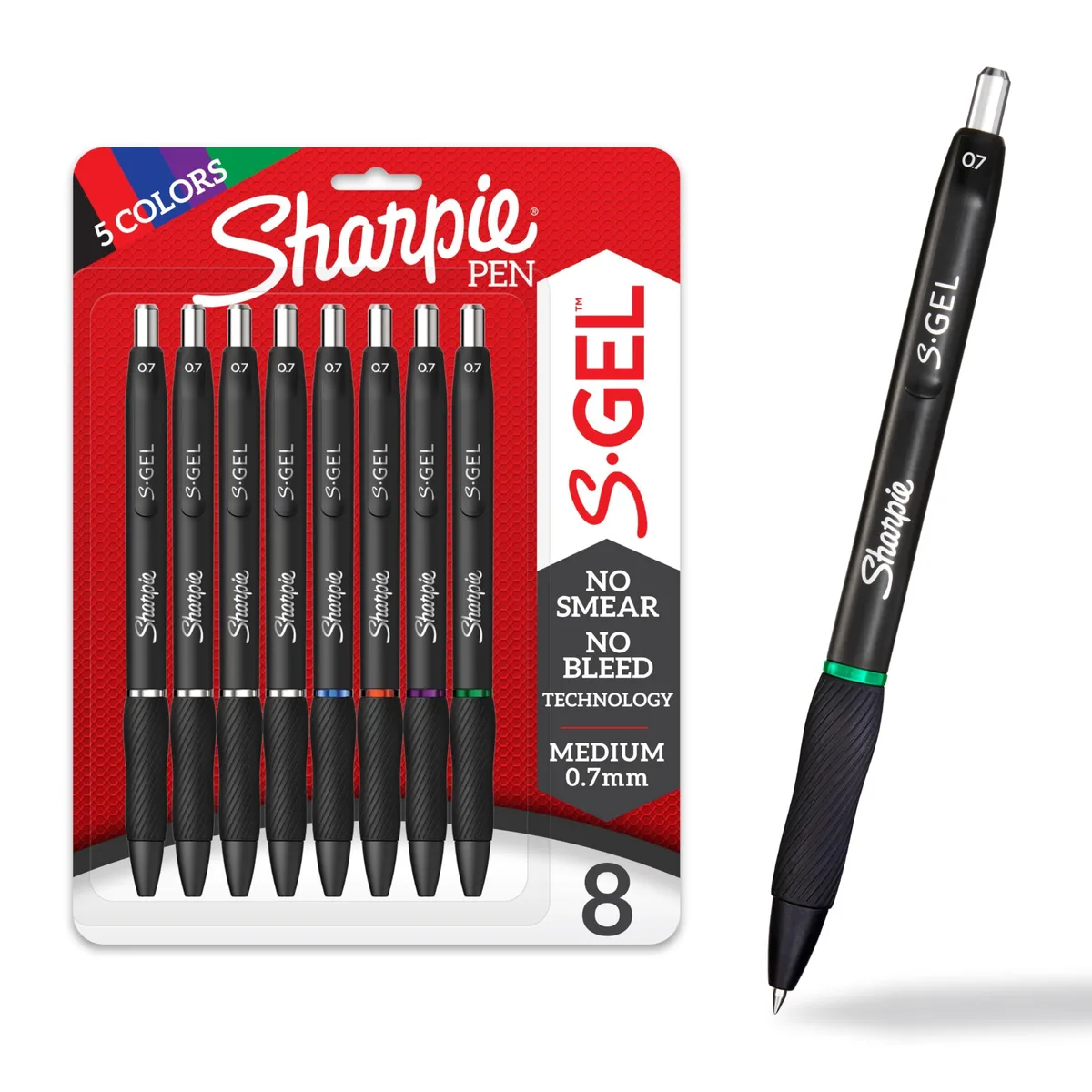 Eight retractable gel pens with contoured rubber grips in assorted colours