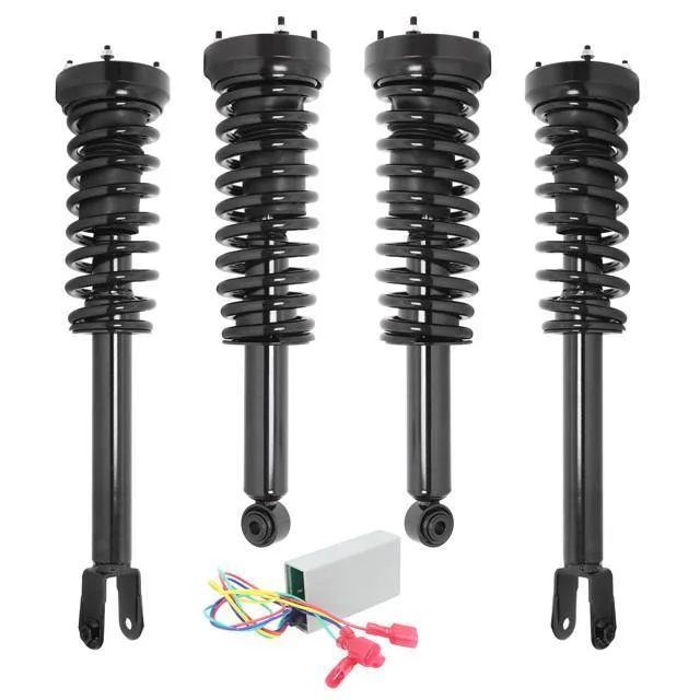 Cardboard box containing four silver strut assemblies with black coil springs and mounting hardware