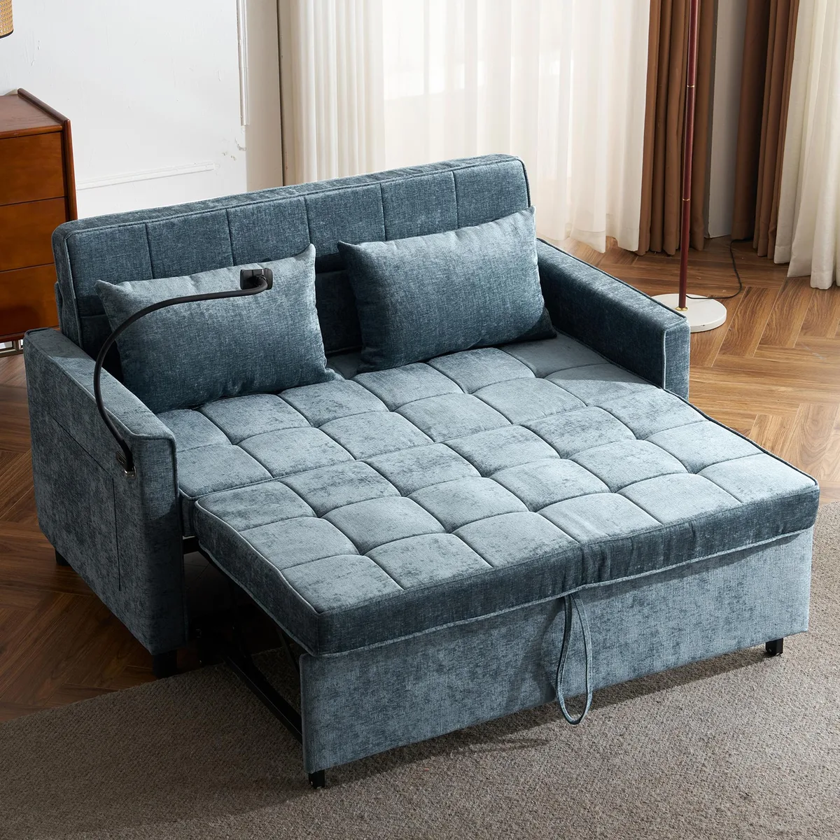 Blue chenille loveseat sofa bed with reversible backrest cushion and side pockets