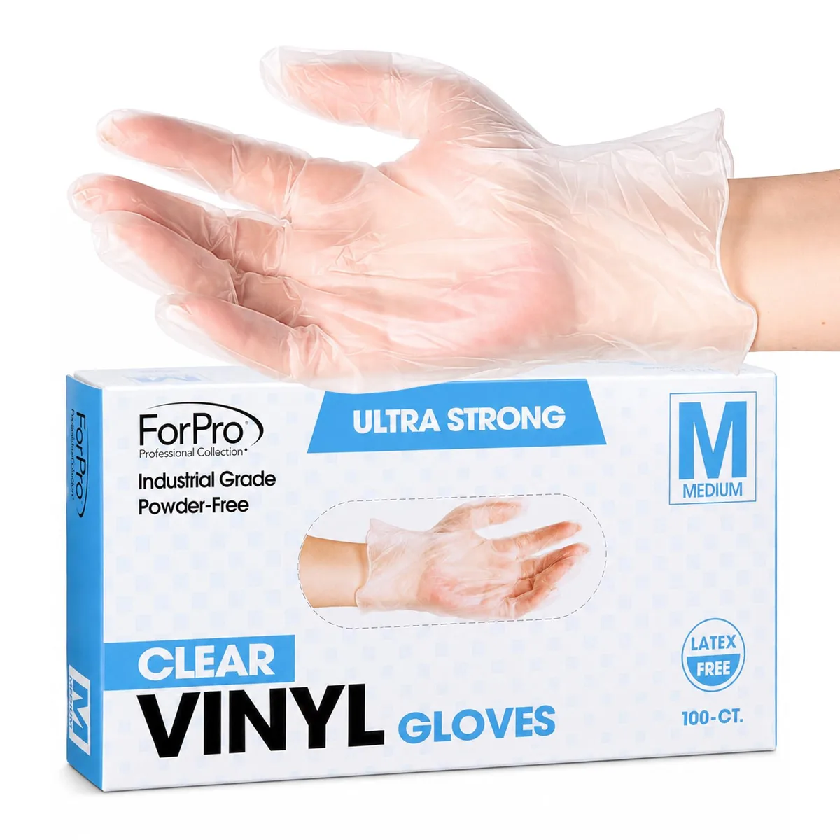 Clear disposable vinyl gloves in a 100-count dispenser box