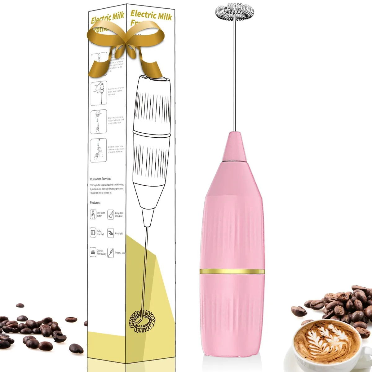 Pink handheld milk frother wand with stainless steel whisk and single button