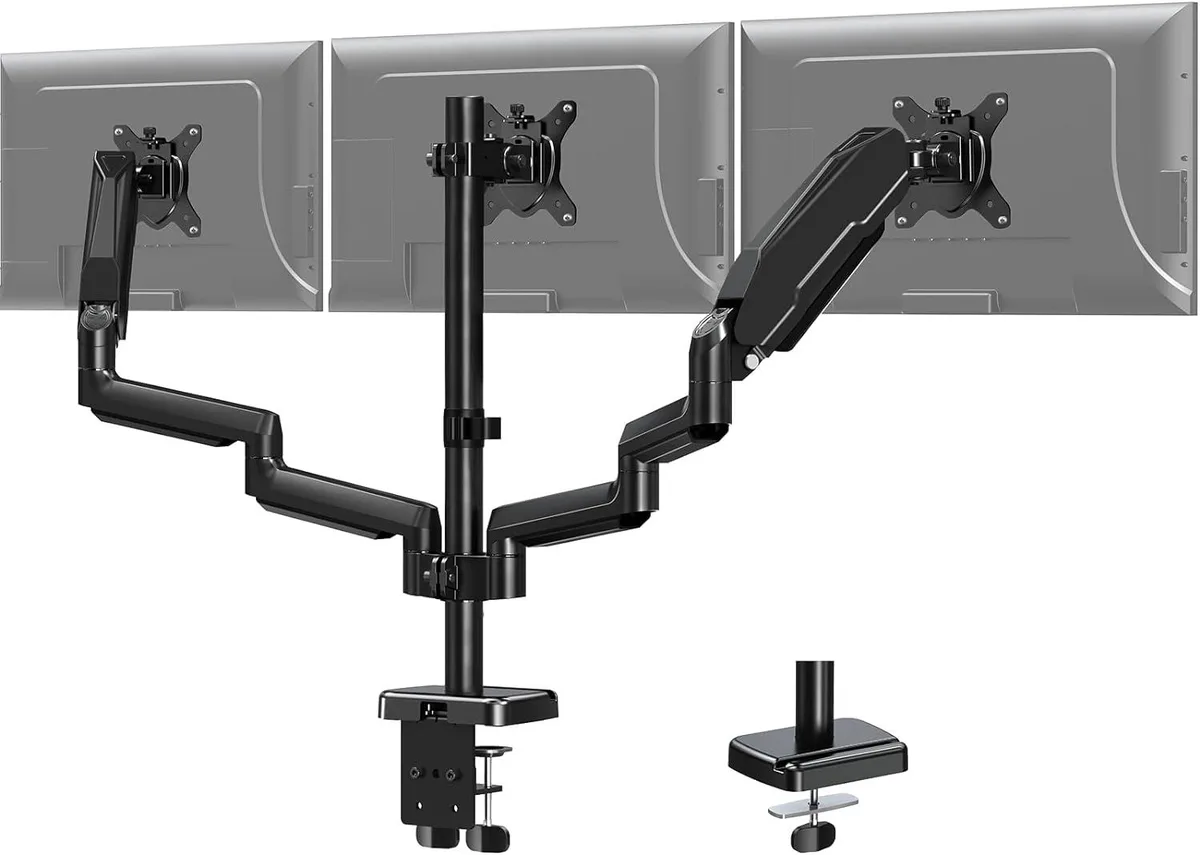 BFKK BFKK Triple Monitor Desk Mount Gas Spring Arm 13-27in VESA 75 100mm Clamp Grommet — product photo