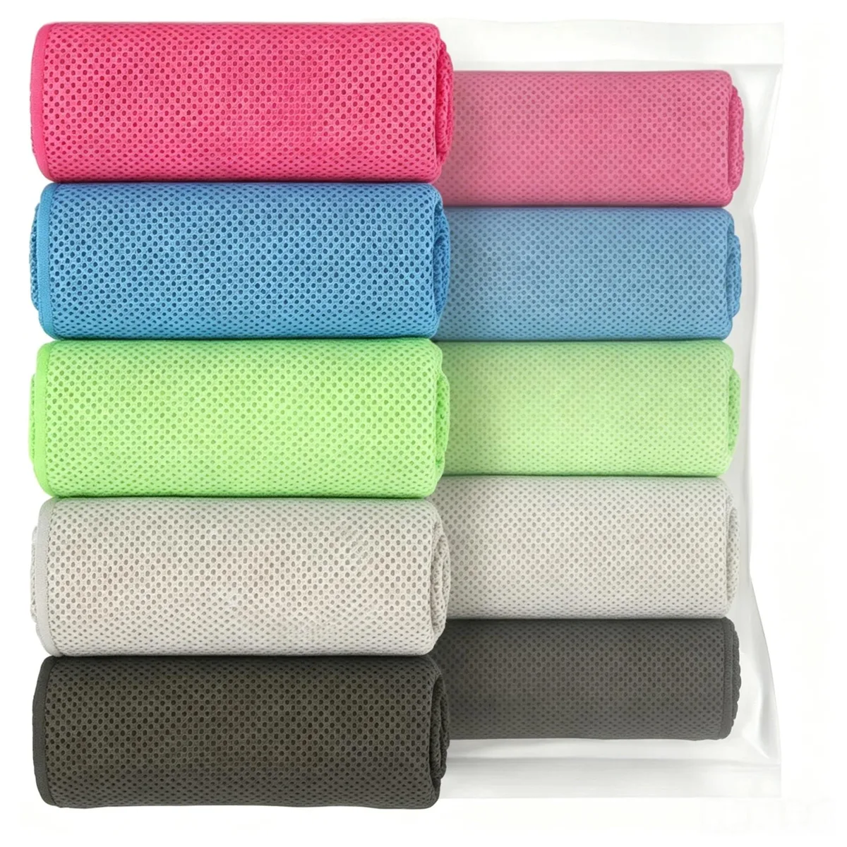 Five white microfiber cooling towels folded flat