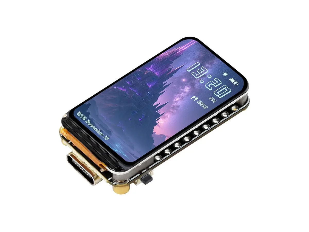Small green circuit board with 1.47 inch colour screen and pin headers