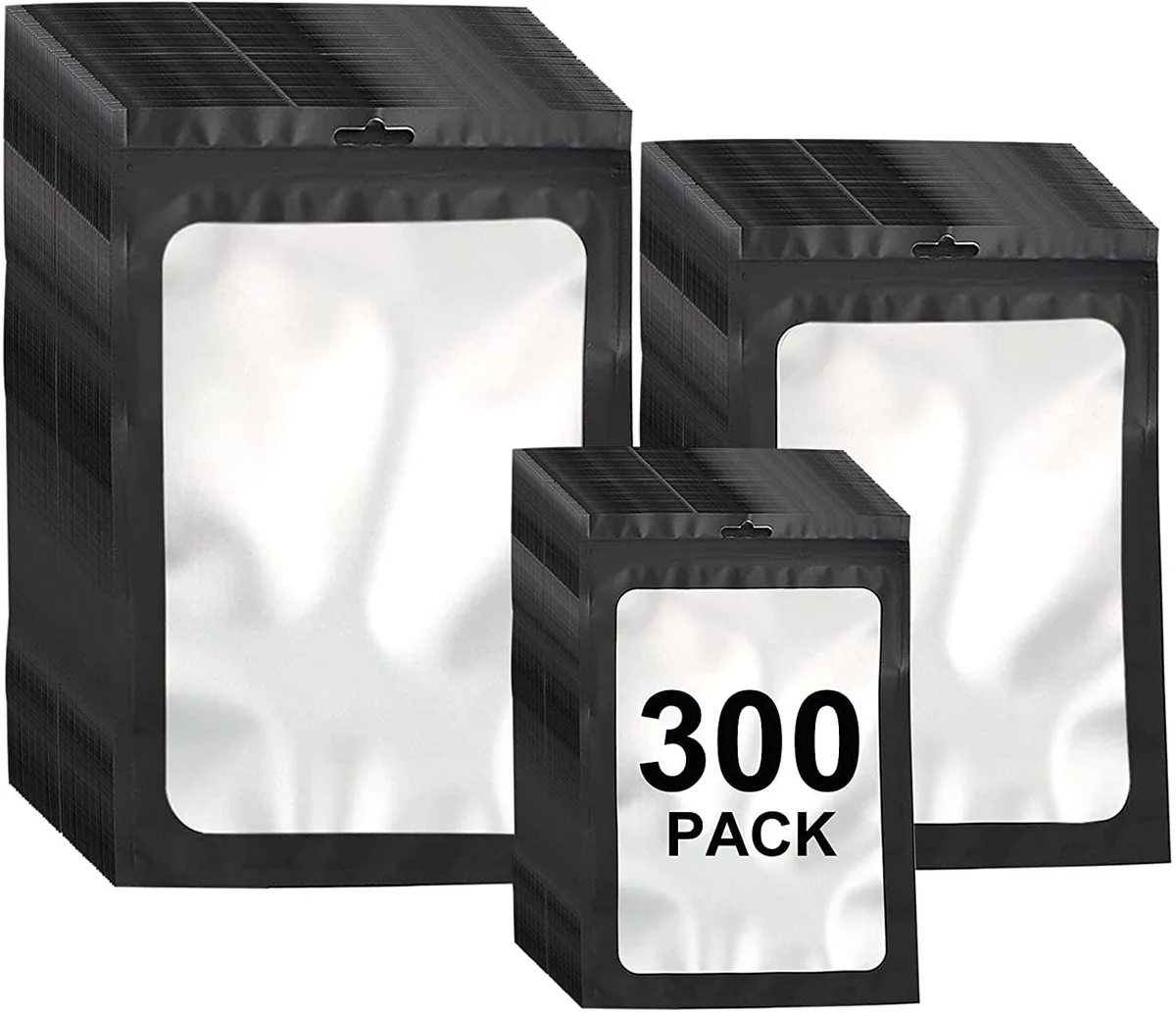 Stack of 300 black mylar pouches with clear frosted windows and zipper seals