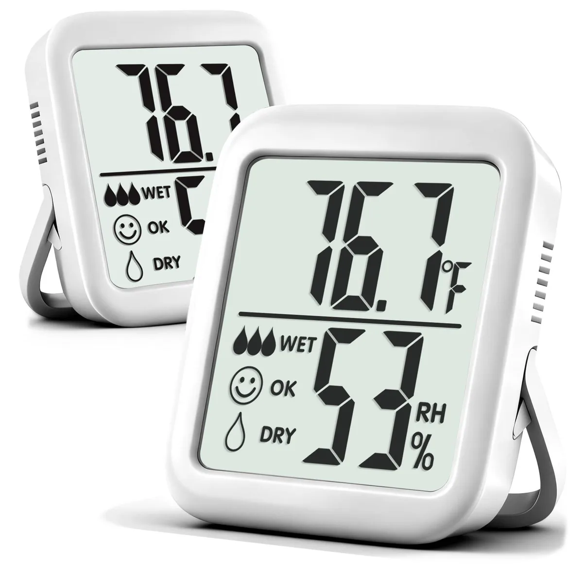 Two yellow digital thermometers with kickstands and magnetic backs