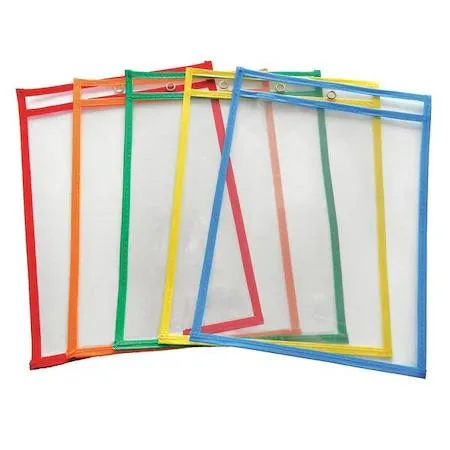 Pack of ten assorted colour PVC shop ticket holders, stitched edges