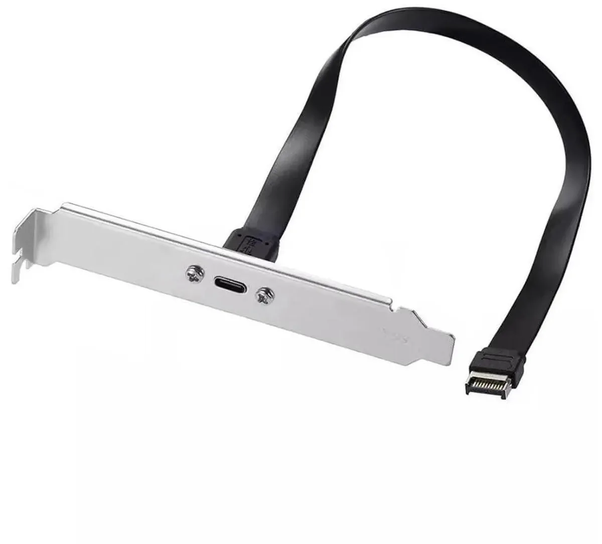 Short black cable with USB-C header and Type-E plug plus metal bracket