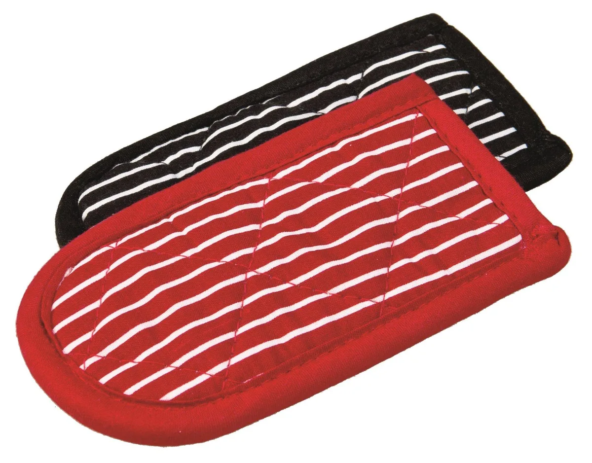 Two fabric handle mitts, one black-and-white striped, one red-and-white striped, quilted finish