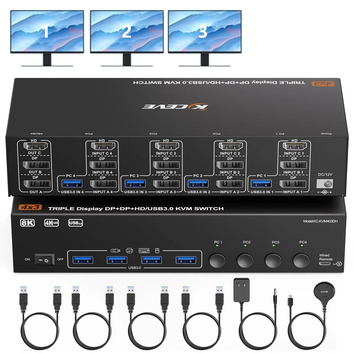 SMA SMA KC-403DH HDMI + 2 DisplayPort KVM Switch 3 Monitors 4 Computers 8K@60Hz 4K@144Hz — product photo