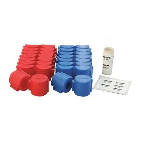 Plastic A/C security caps set, thirty pieces, click-lock design, red and blue, for R-134a systems