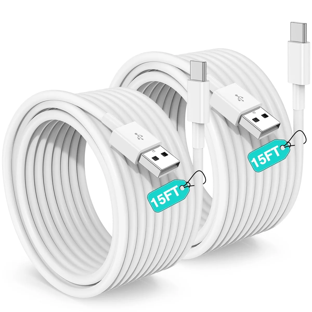 Two white USB-A to USB-C cables, each fifteen feet long