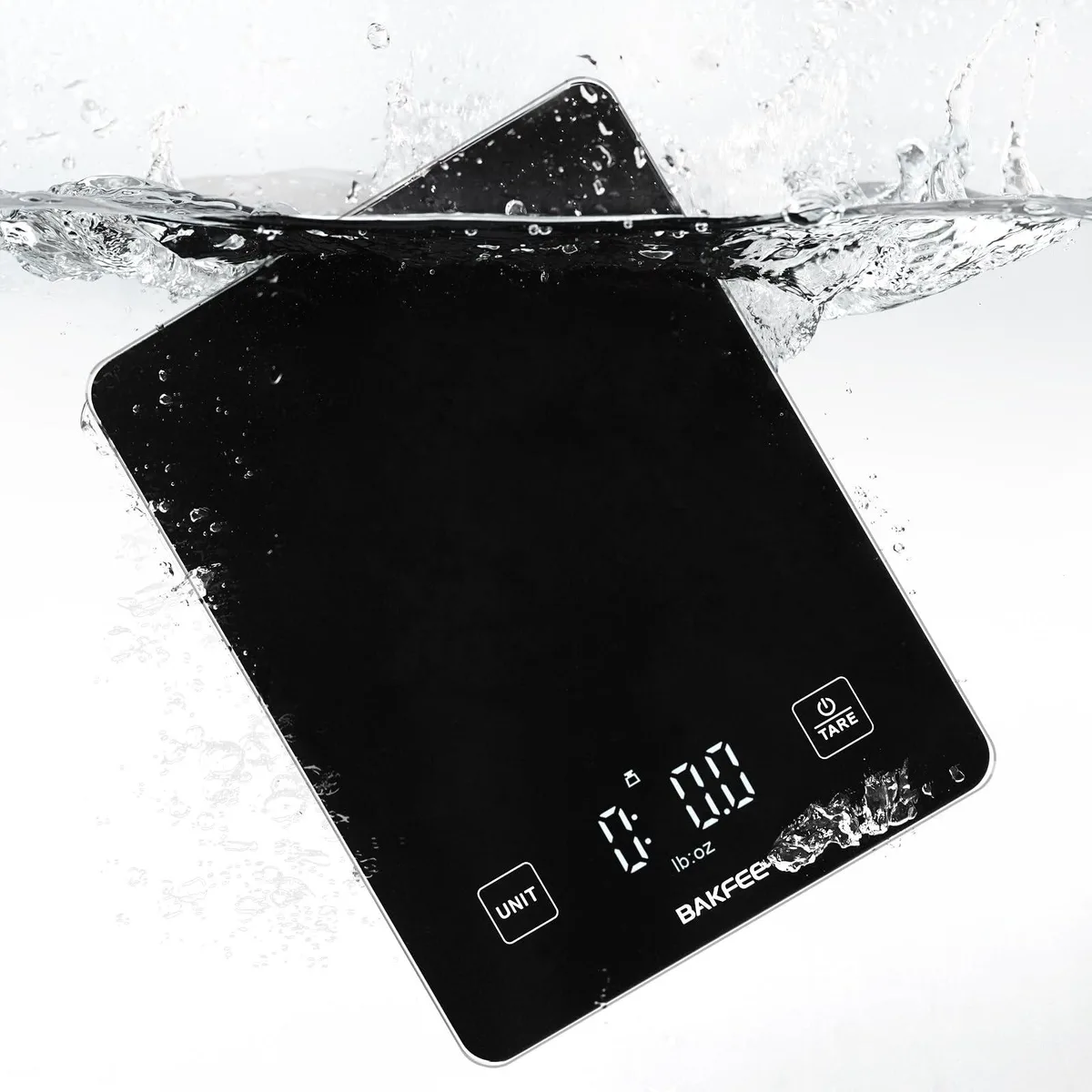 Black rectangular kitchen scale with tempered glass top and IP67 rating