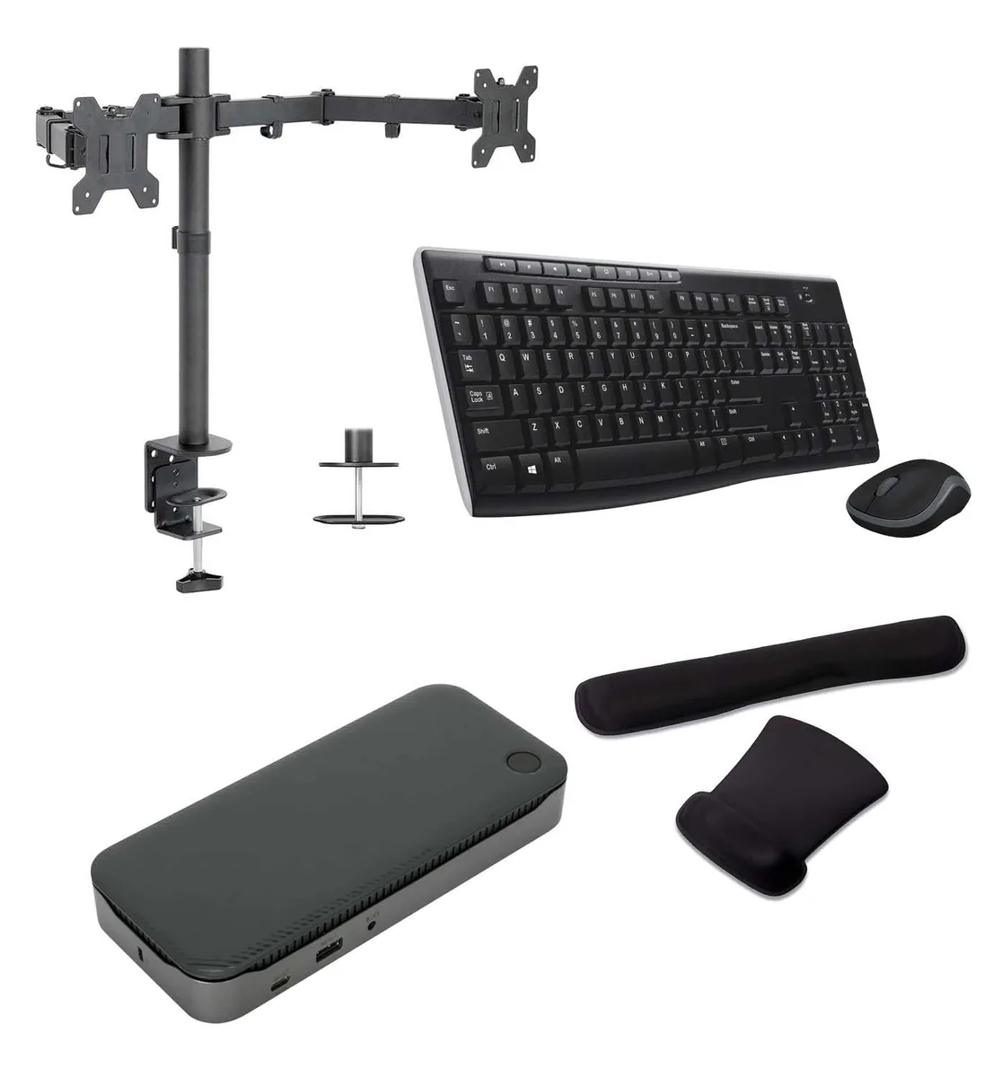 Targus Targus USB-C Quad 4K 100W Fingerprint Dock Bundle: Dual Monitor Stand, MK270 Keyboard Mouse, Gel Wrist Rest — product photo