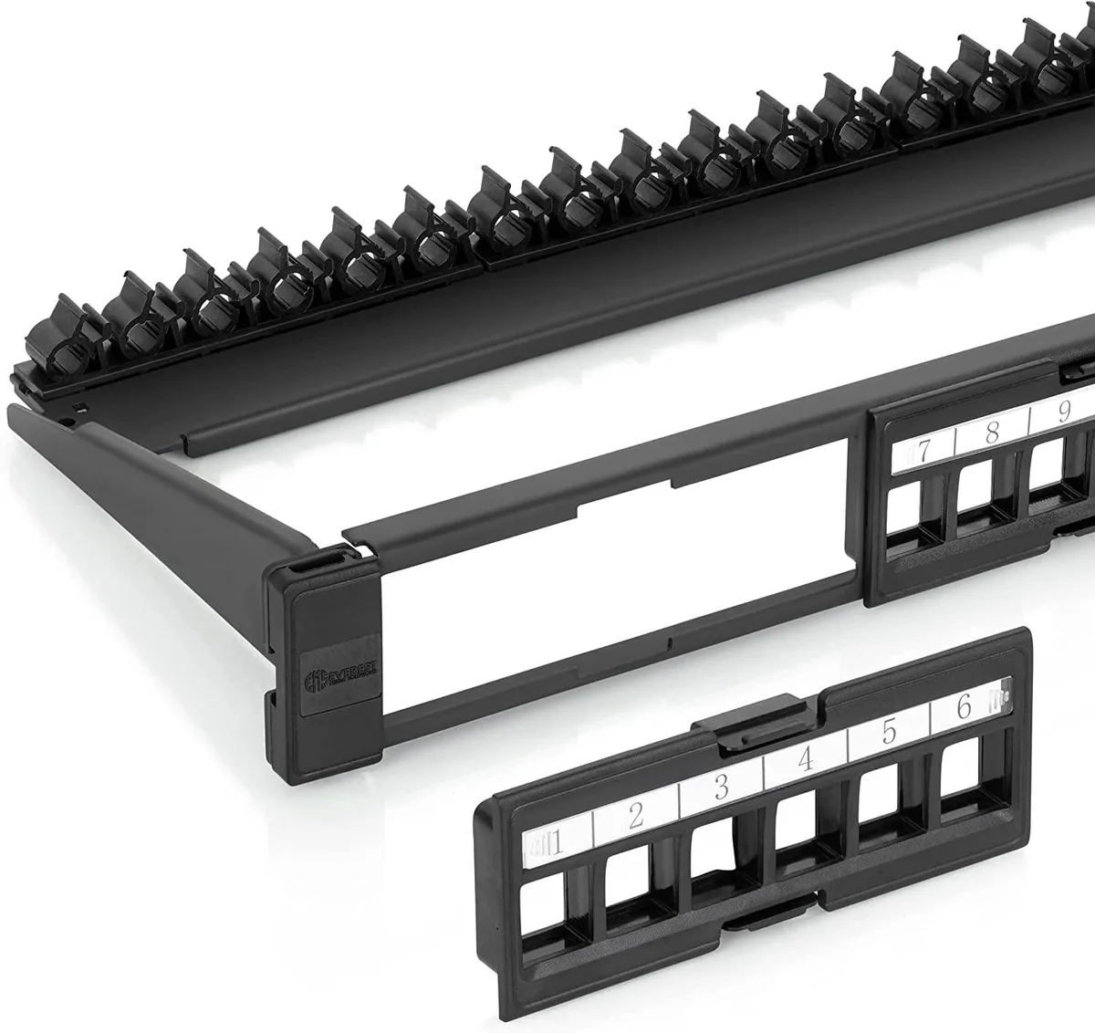 Black 19 inch 1U rack mount patch panel with 24 keystone ports and rear cable bar