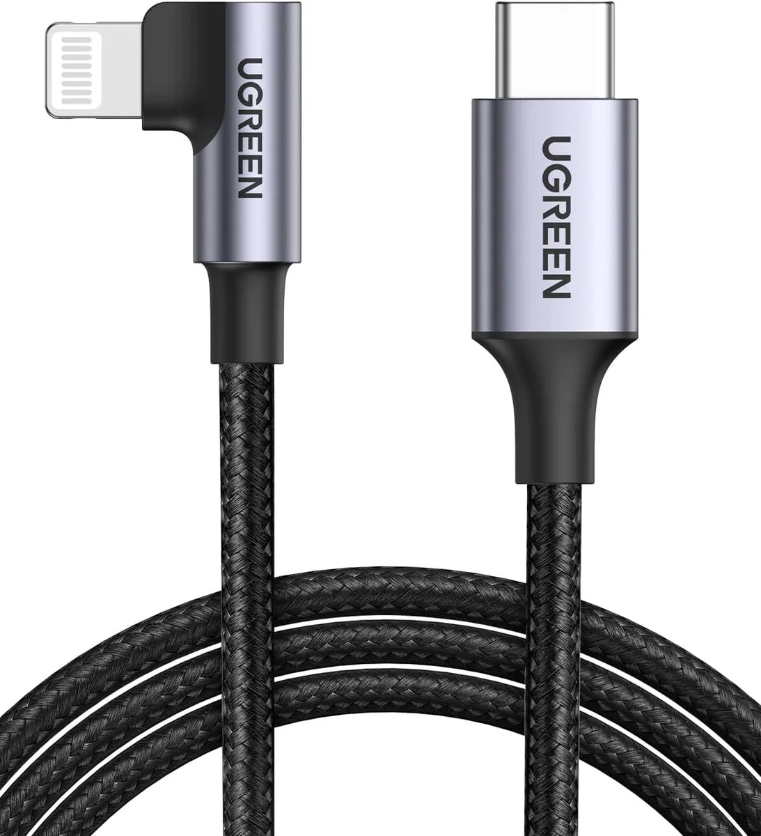 White six-foot USB-C to right-angle Lightning cable with braided jacket