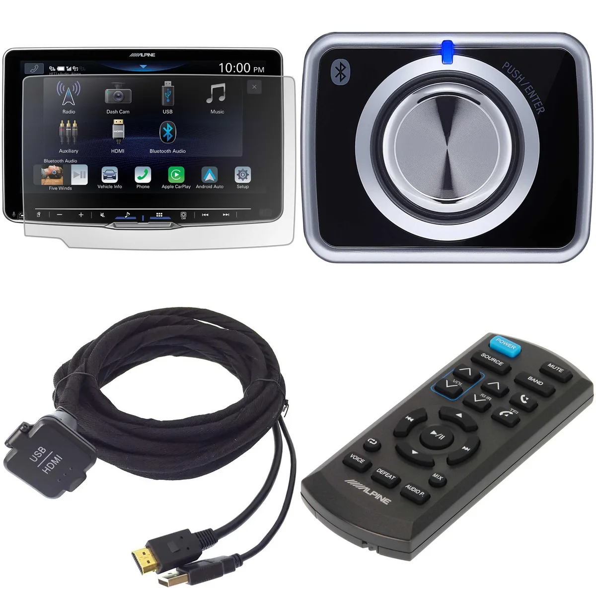 Alpine Alpine KCU-315UH 15' USB/HDMI Cable + RUE-4360 Remote + KAE-HF9DA Protector + RUX-H02 Bass Knob — product photo