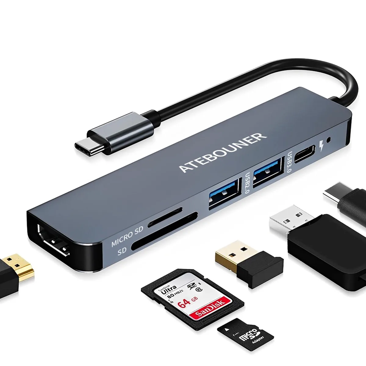 Compact black USB-C hub with HDMI, USB ports, Ethernet and SD card slot