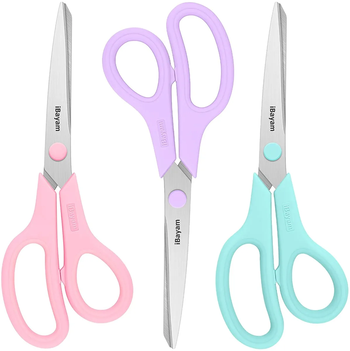 Three 8.5 inch scissors in pastel blue pink purple with soft grip handles