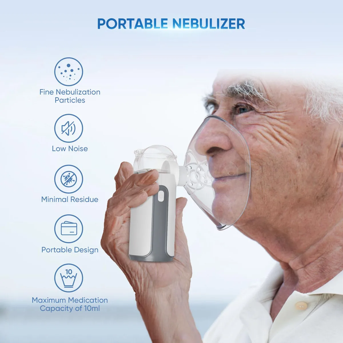 Small grey handheld mesh nebulizer with USB charging port
