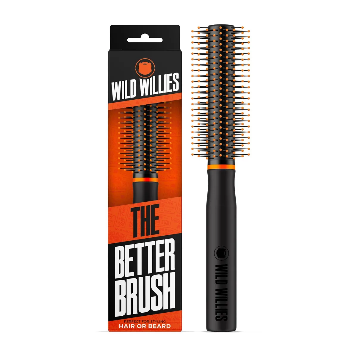Round beard brush with non-slip handle and heat-resistant bristles