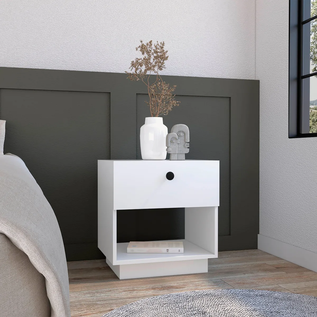 White single-drawer nightstand with open shelf, 19 inches high