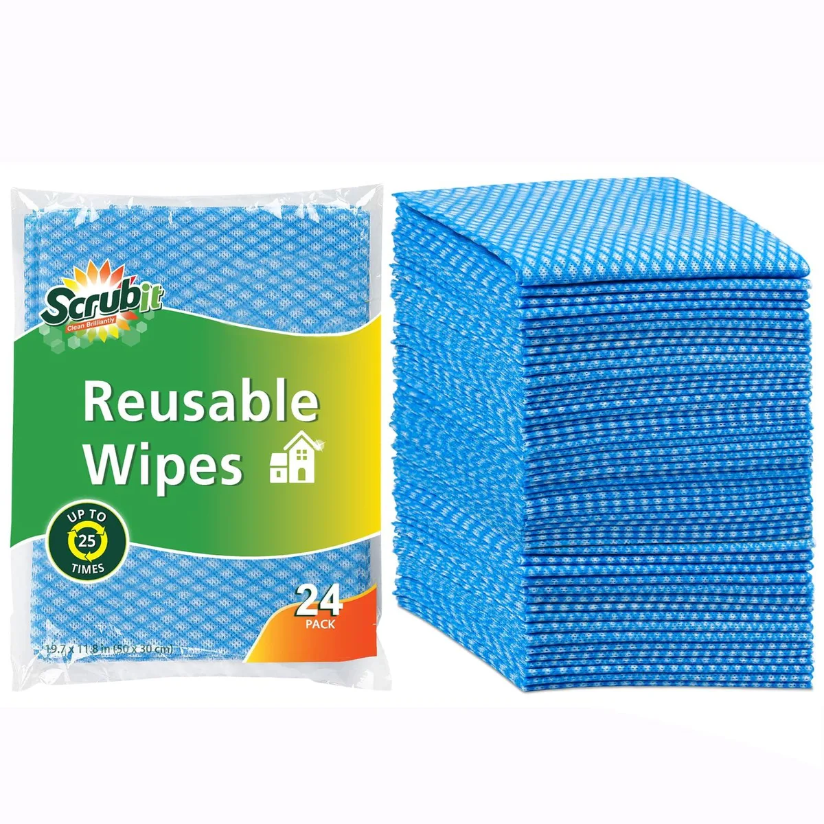 White reusable cleaning cloths in a 24 pack measuring 12 by 20 inches