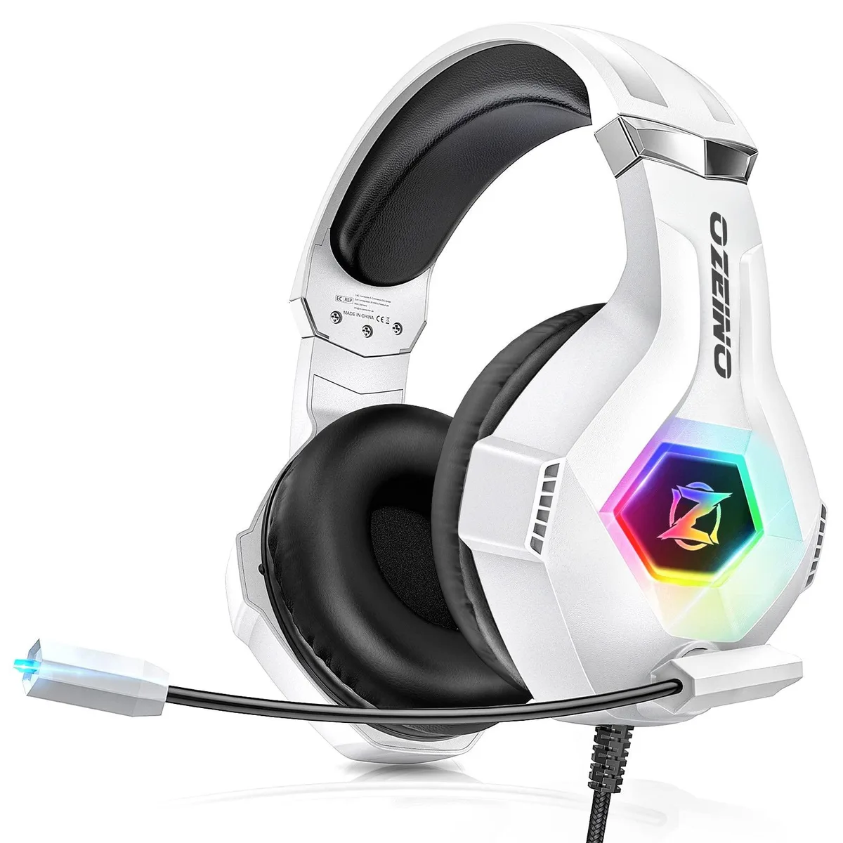 White over-ear gaming headset with RGB lighting and 3.5 mm cable