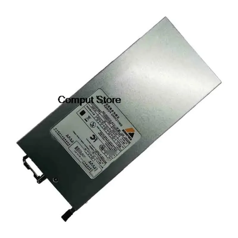 Silver rectangular server power supply unit with ventilation grille and power connector visible