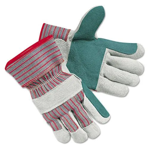 White and red cotton work gloves with double leather palms and rubberised safety cuffs, model 1211