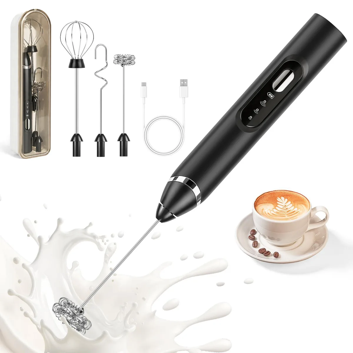  Brentwood J-17 handheld milk frother 3 speeds USB-C 1200mAh 3 whisks — product photo