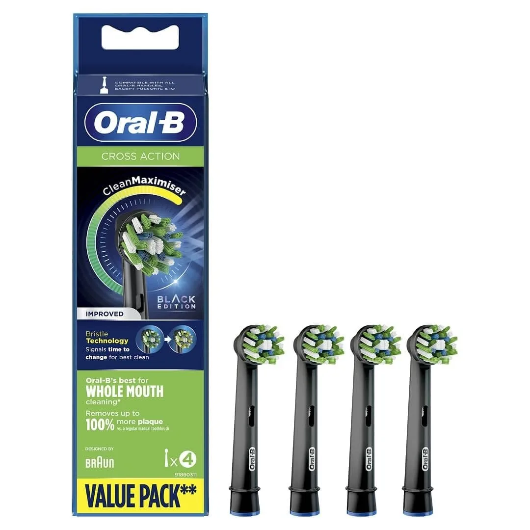 Four black elliptical brush heads in a rectangular blister pack