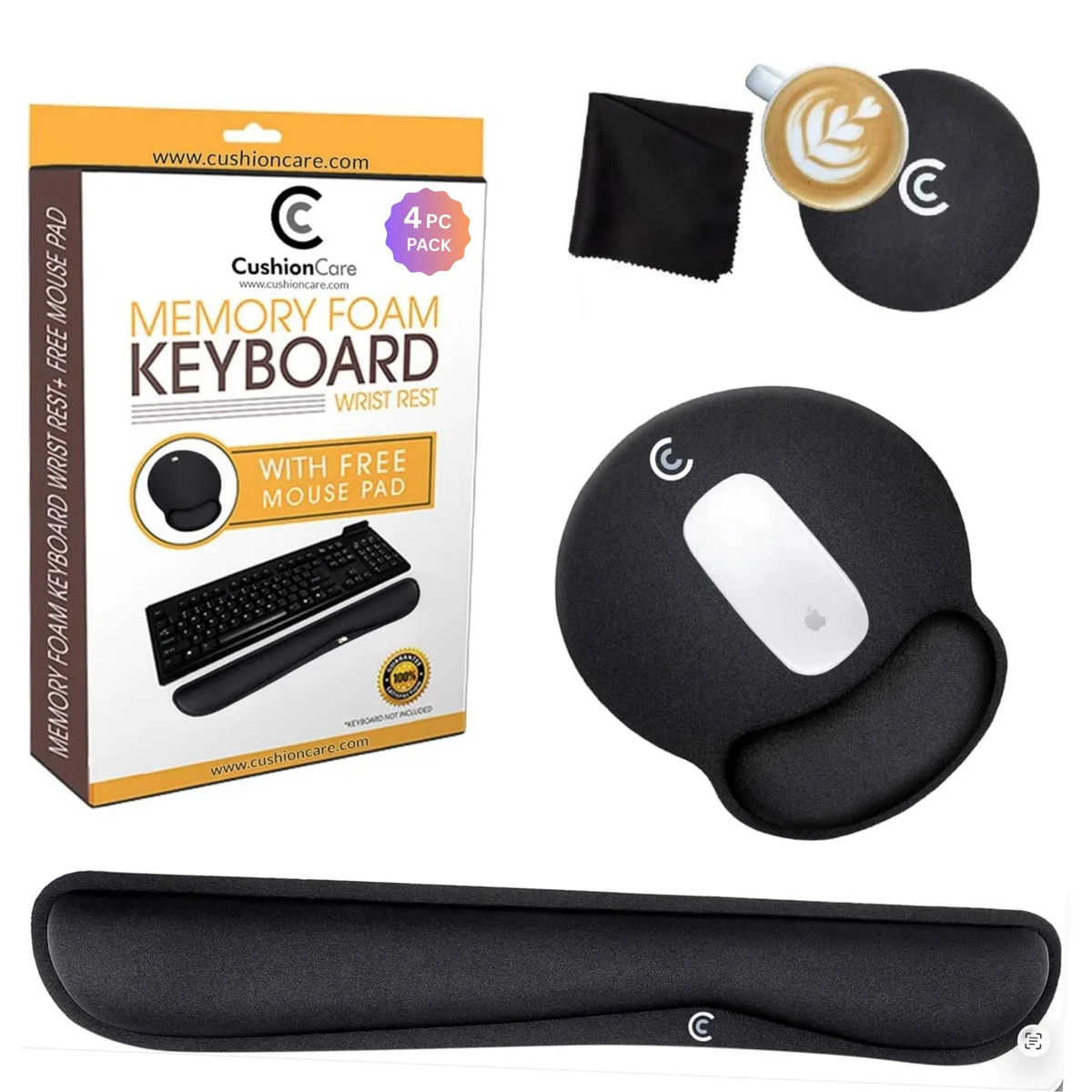 Set of four black memory foam wrist rests with fabric surface and rubber base