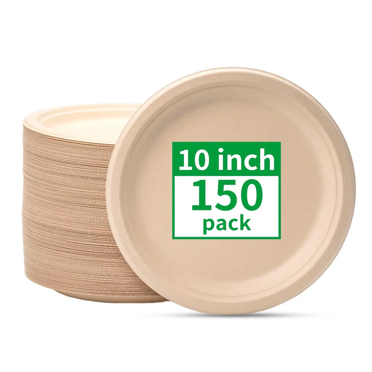 Stack of 150 round brown bagasse plates 10 inch