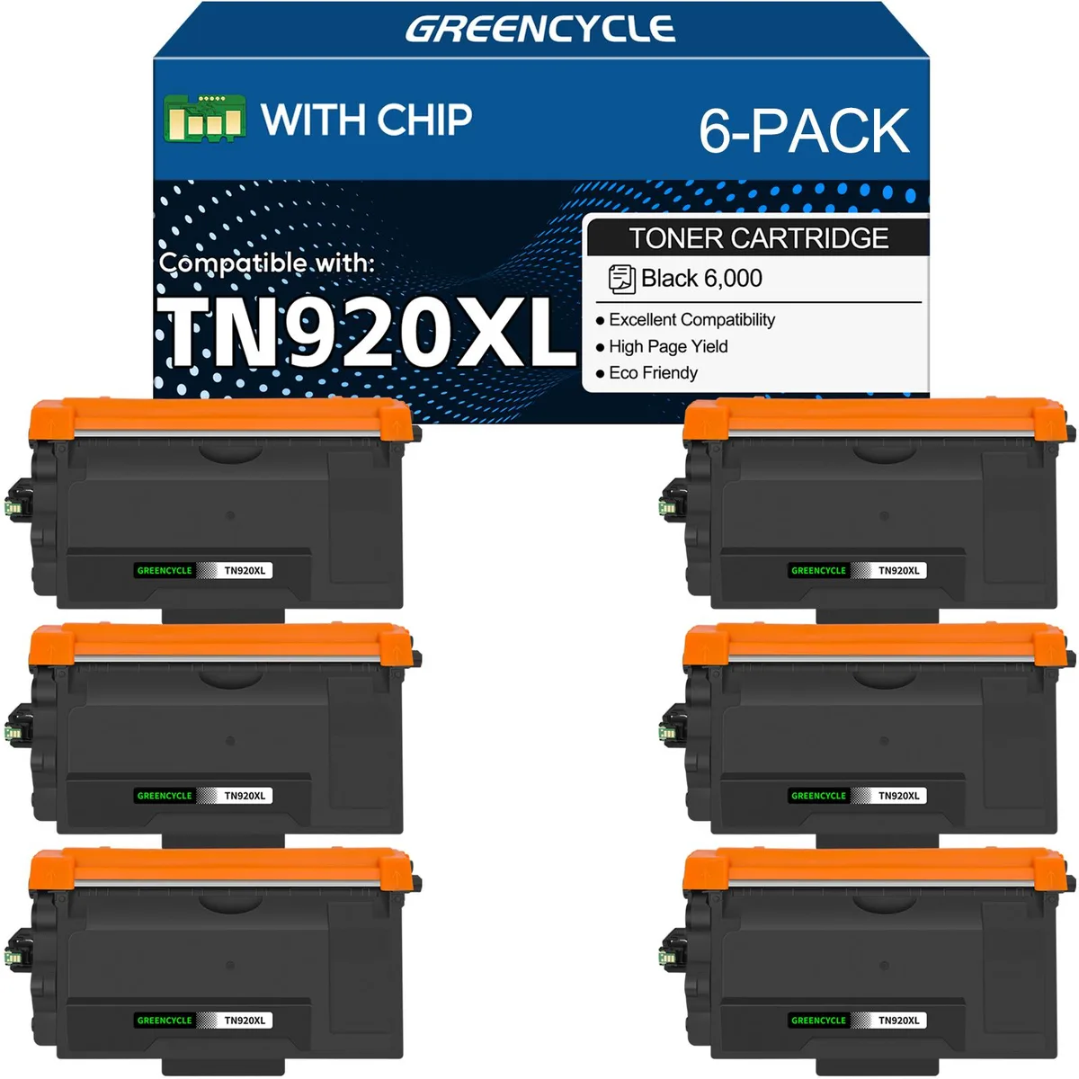 GREENCYCLE GREENCYCLE TN920XL Compatible Toner Cartridge 6 Pack Black 6000 Pages — product photo