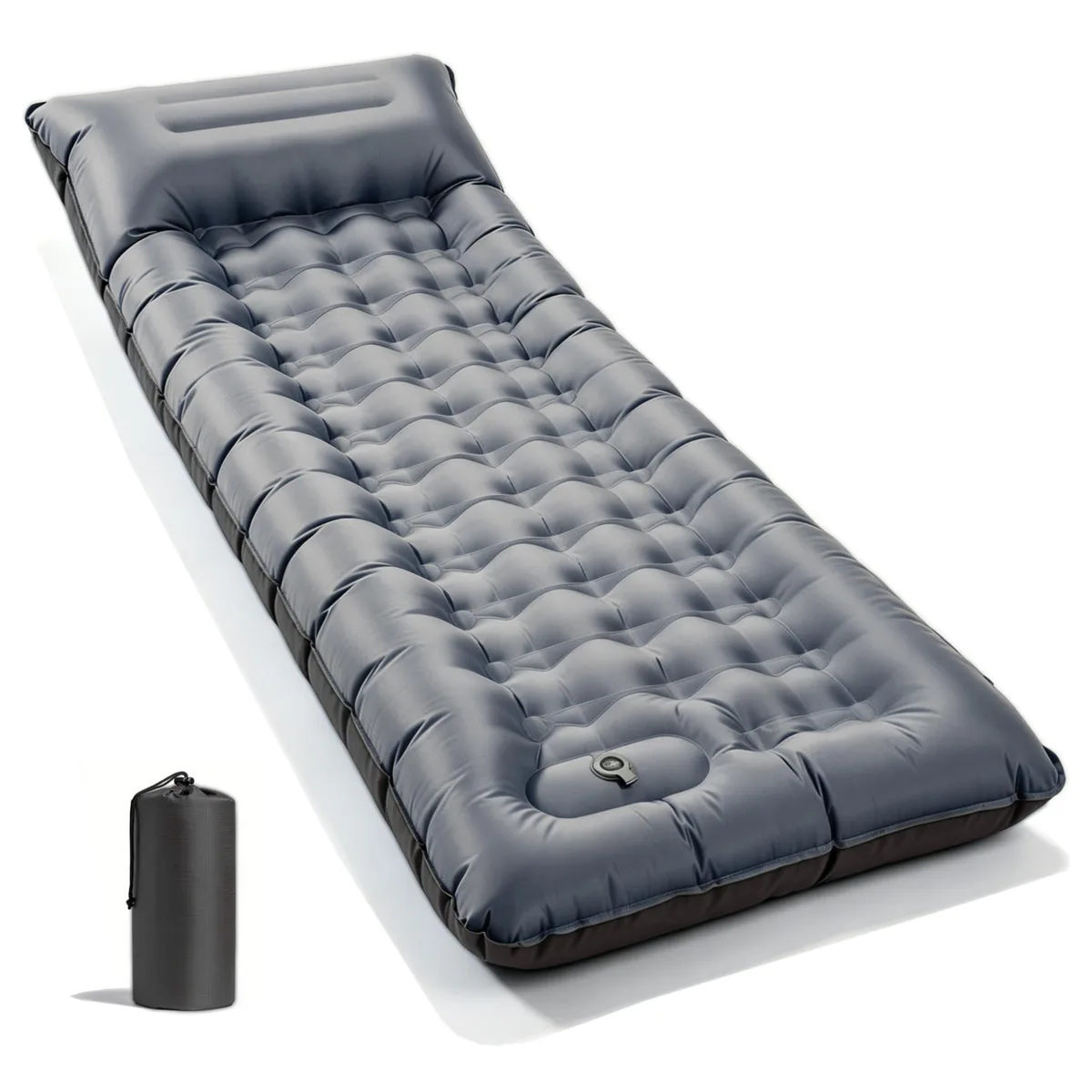 Gray inflatable sleeping pad with built-in pillow and foot pump, rolled and packed compact