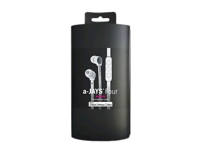 JAYS JAYS a-JAYS Four White T00082 In-Ear Canal Earphone 8.6mm 16 ohms 96dB 3.5mm 3.77ft .49oz — product photo