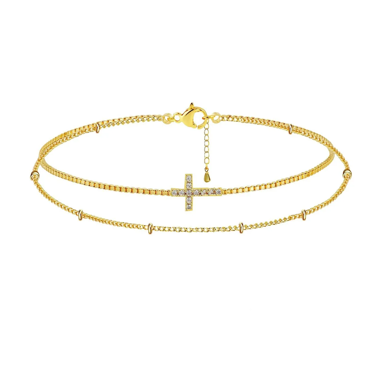 Dainty 14k gold plated cross bracelet on thin chain, adjustable 6.5+1.5in length