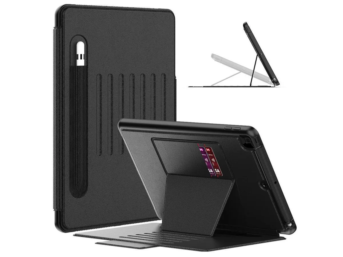 Black protective case for iPad 10.2 inch with magnetic cover, stand, pencil holder and card slot