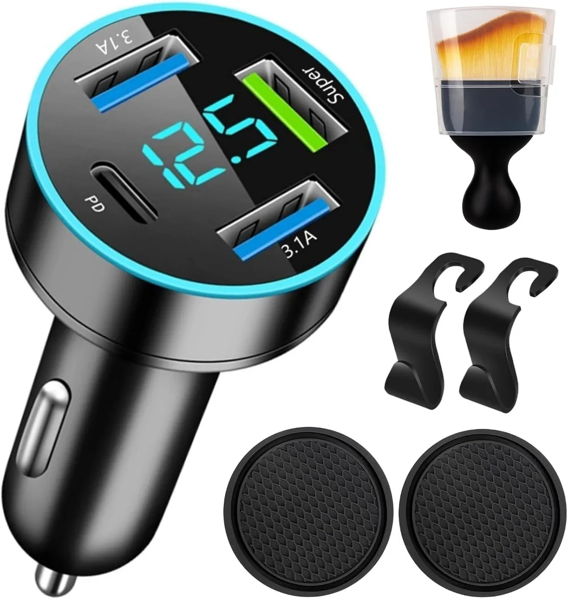 Hamzan Hamzan 88W 4-Port Car Charger 12-24V with LED Voltmeter — product photo