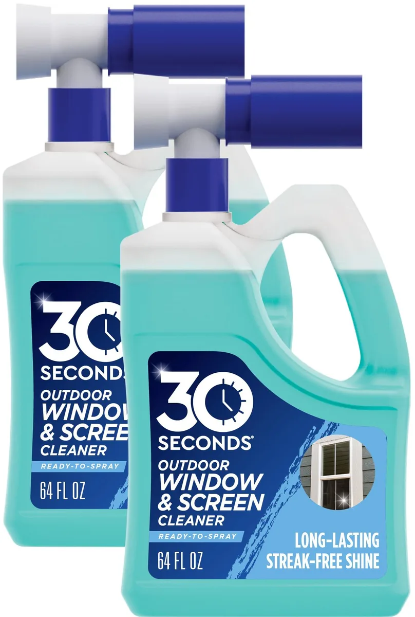 Two white 64oz bottles with hose-end sprayers and blue labels