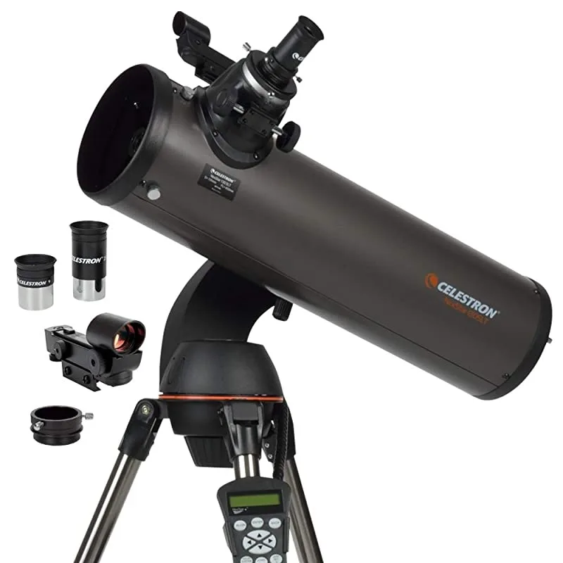 Black Newtonian reflector telescope on steel tripod with computerized hand control