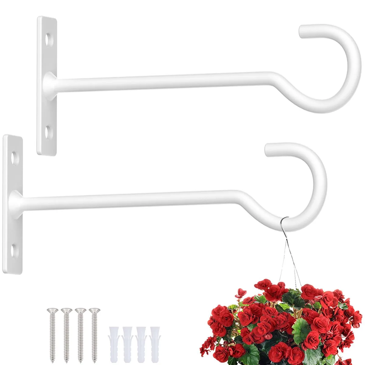 Two white metal wall hooks with narrow bases and mounting screws