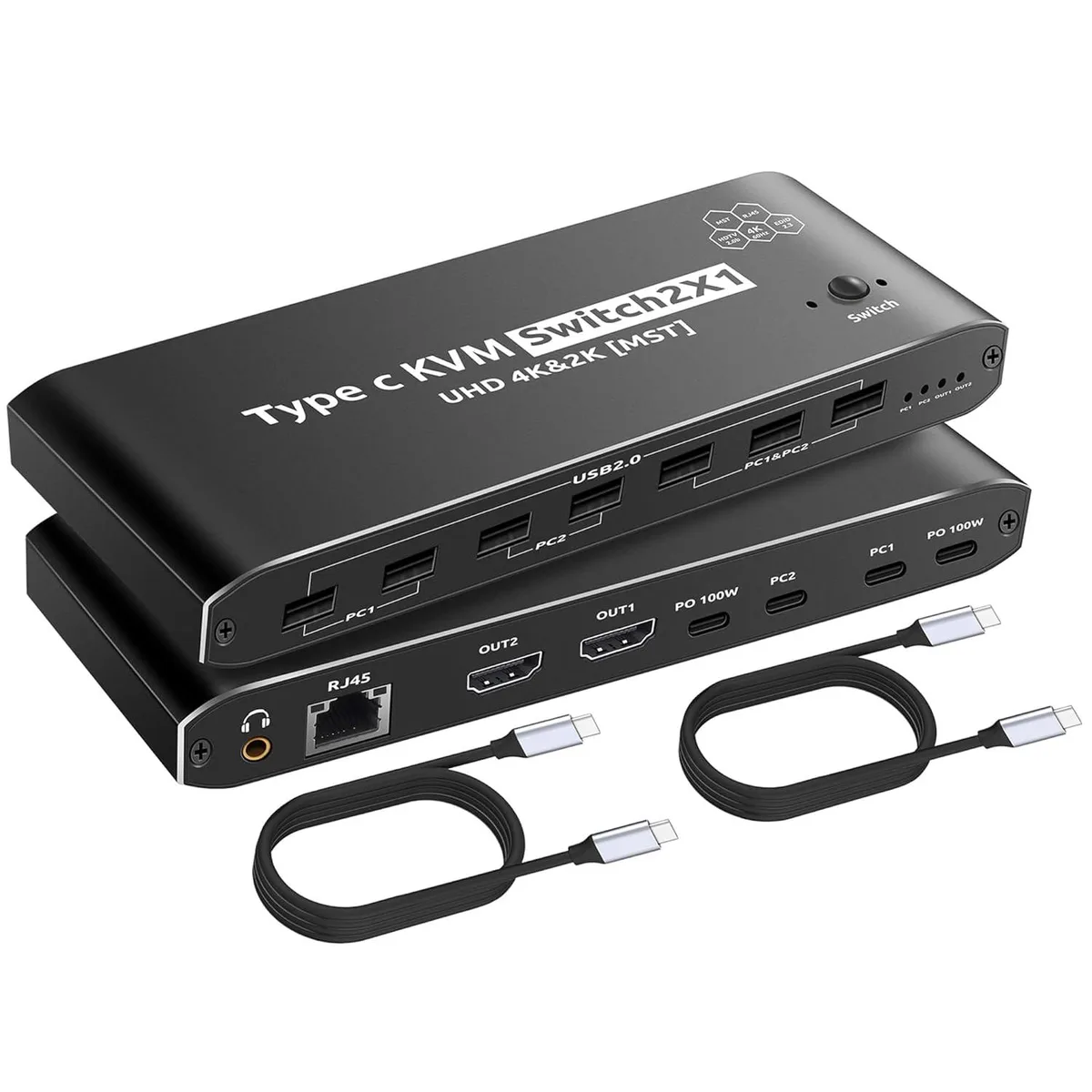 IHDAPP IHDAPP Thunderbolt KVM Switch 2×1 4K@60Hz 7 USB-A RJ45 PD 100W 40Gbps cables — product photo