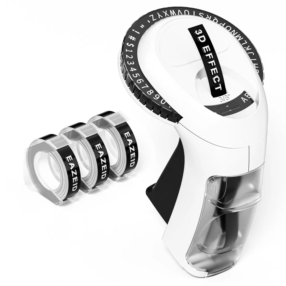 Compact white handheld embosser with character dial and squeeze handle