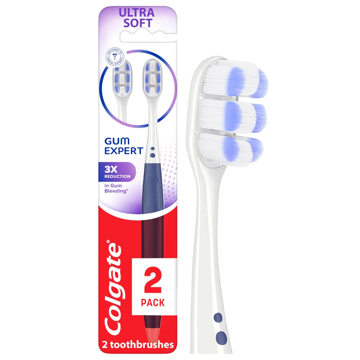 Two purple manual toothbrushes with extra soft tapered bristles and flexible necks